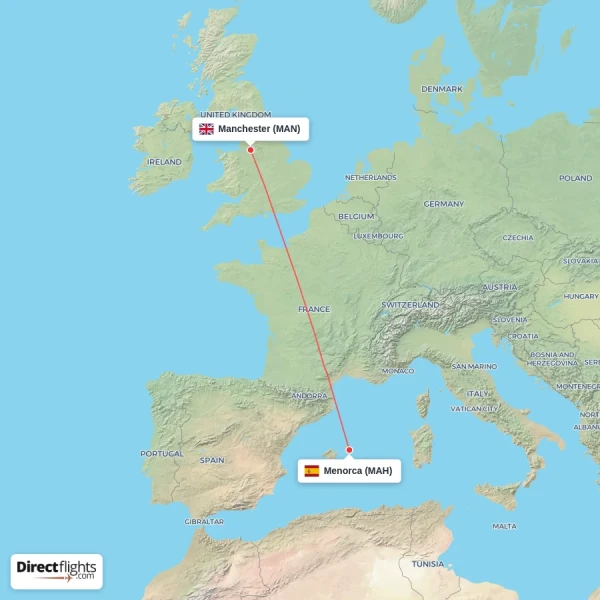 Manchester - Menorca direct flight map