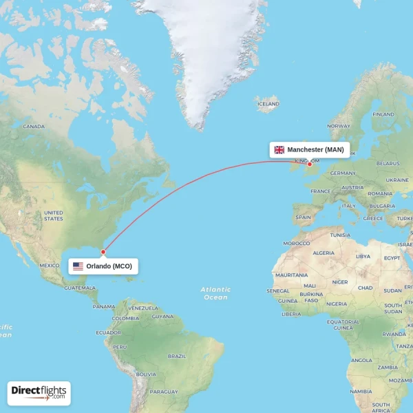 Manchester - Orlando direct flight map