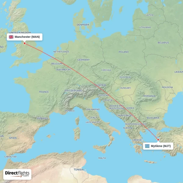 Manchester - Mytilene direct flight map