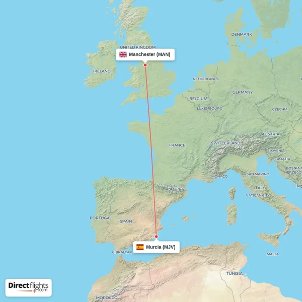 Manchester - Murcia direct flight map