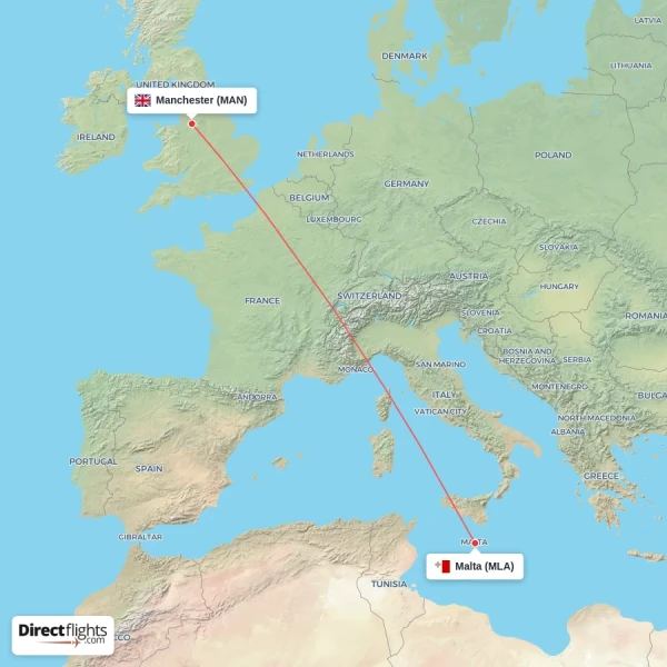 Manchester - Malta direct flight map