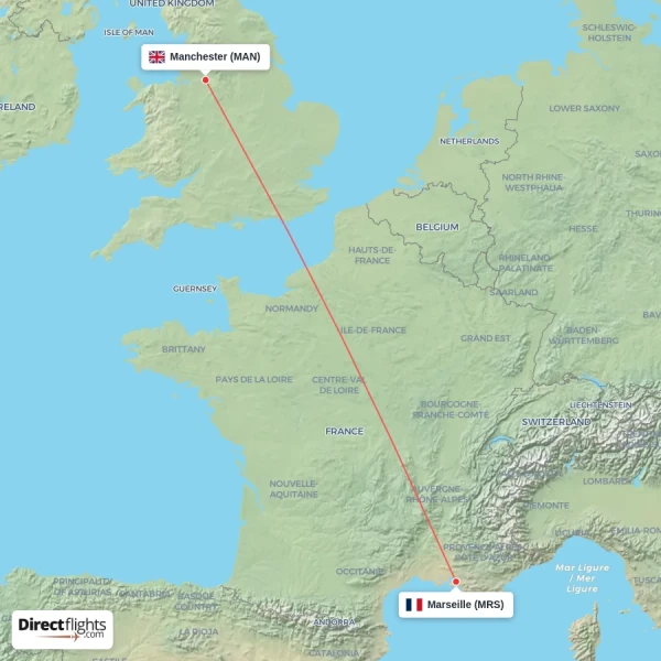 Manchester - Marseille direct flight map