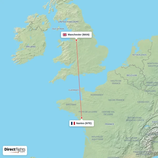 Manchester - Nantes direct flight map