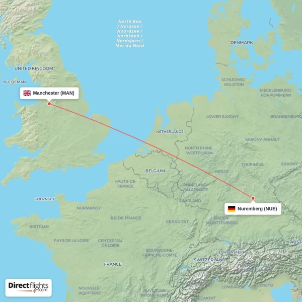 Manchester - Nuremberg direct flight map
