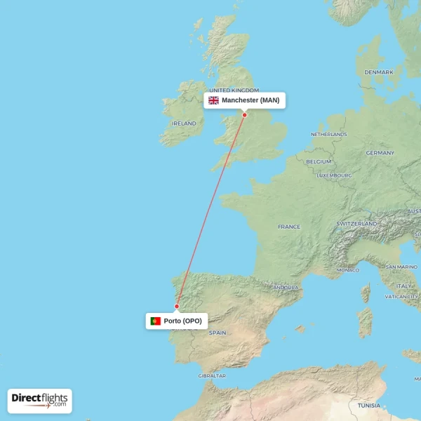 Manchester - Porto direct flight map