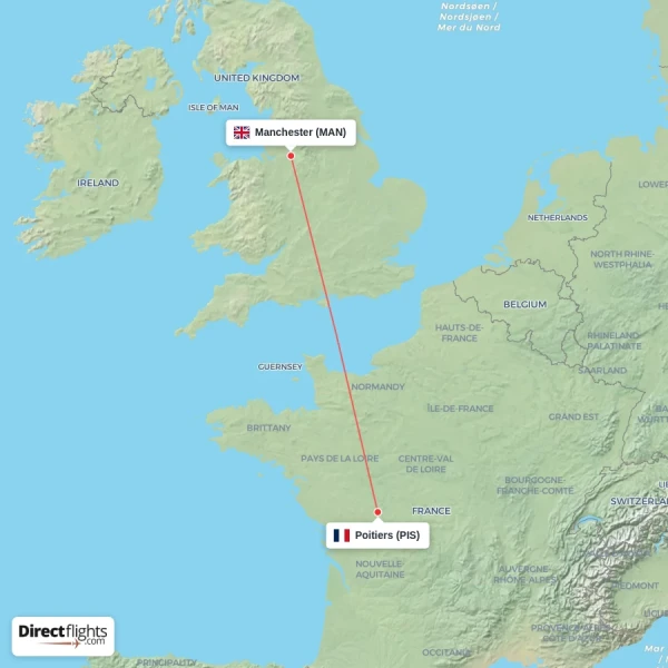 Manchester - Poitiers direct flight map