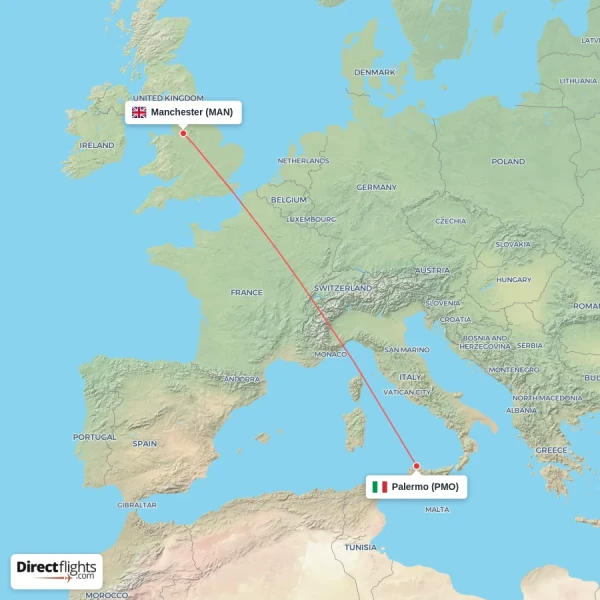 Manchester - Palermo direct flight map