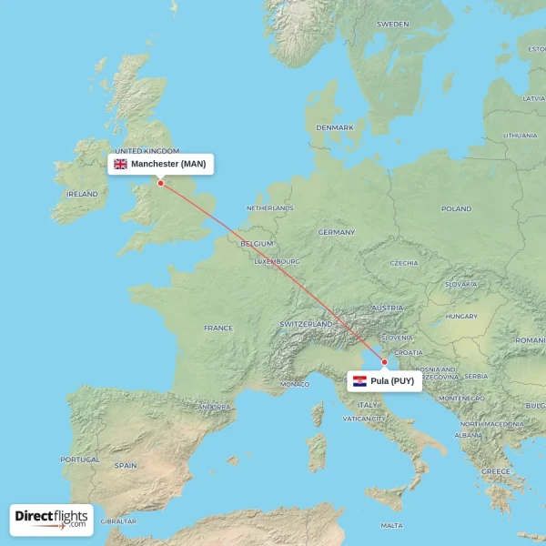 Manchester - Pula direct flight map