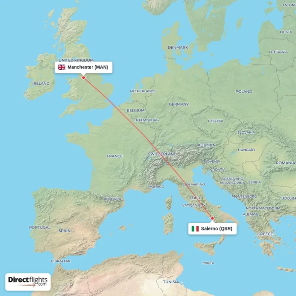 Manchester - Salerno direct flight map