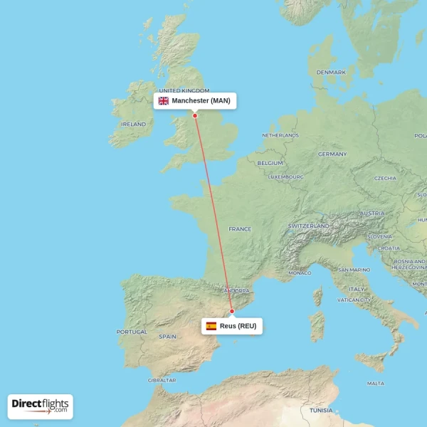 Manchester - Reus direct flight map