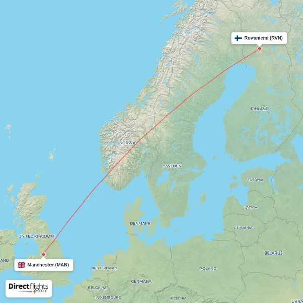 Manchester - Rovaniemi direct flight map
