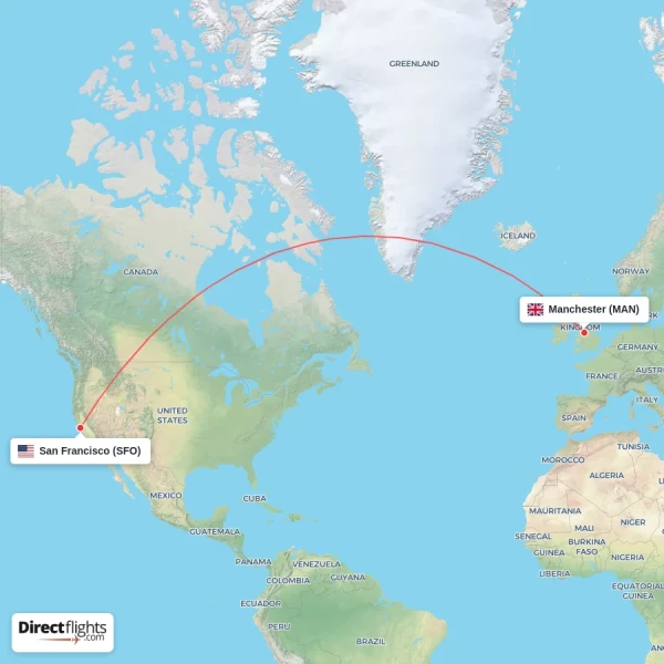 Manchester - San Francisco direct flight map