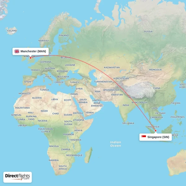 Manchester - Singapore direct flight map