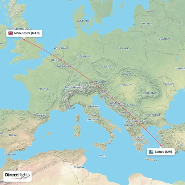 Manchester - Samos direct flight map