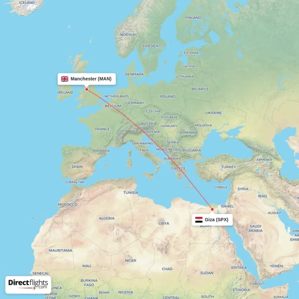 Manchester - Giza direct flight map