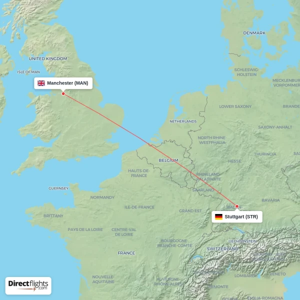 Manchester - Stuttgart direct flight map