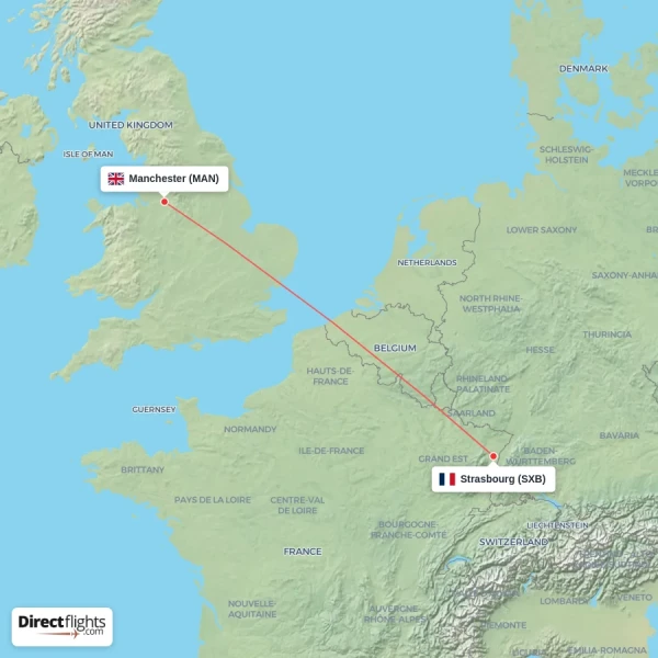 Manchester - Strasbourg direct flight map