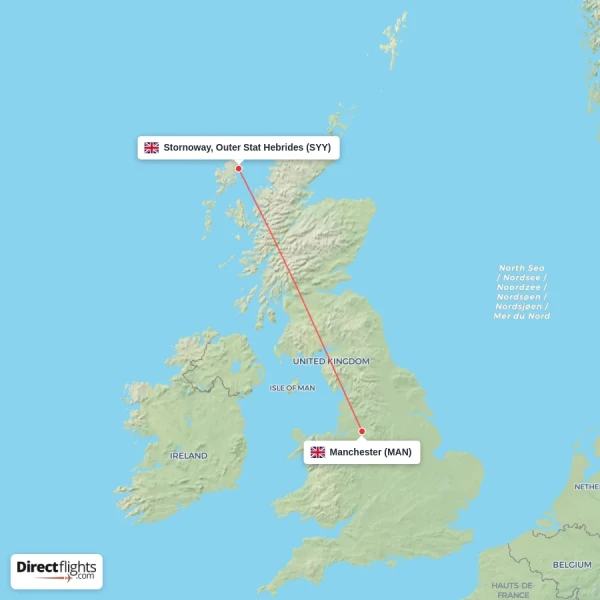 Manchester - Stornoway, Outer Stat Hebrides direct flight map