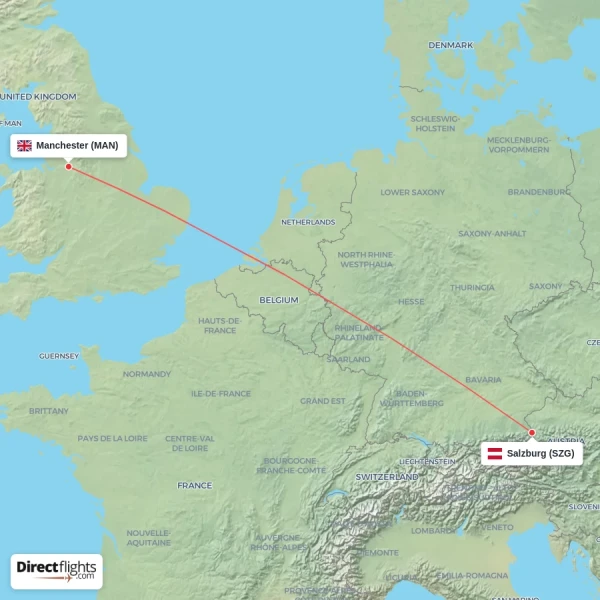 Manchester - Salzburg direct flight map
