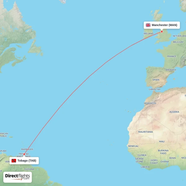 Manchester - Tobago direct flight map