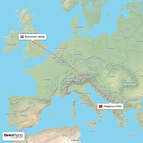Manchester - Podgorica direct flight map