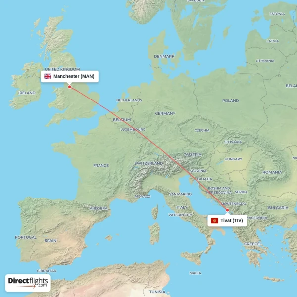 Manchester - Tivat direct flight map