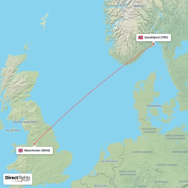 Manchester - Sandefjord direct flight map