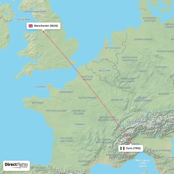 Manchester - Turin direct flight map