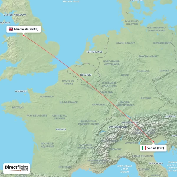 Manchester - Venice direct flight map