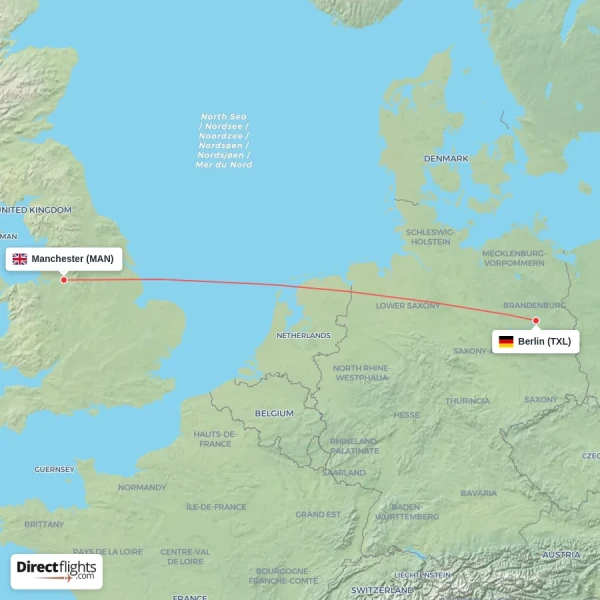 Manchester - Berlin direct flight map