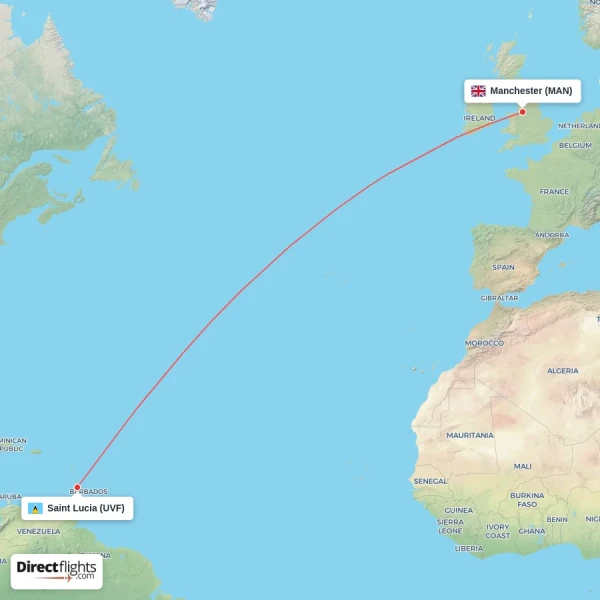 Manchester - Saint Lucia direct flight map