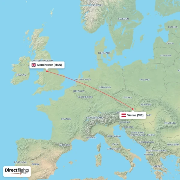Manchester - Vienna direct flight map