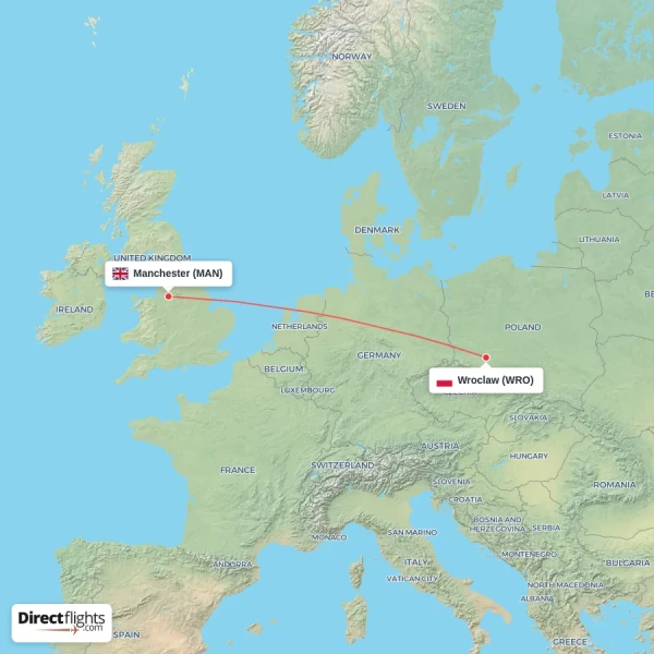 Manchester - Wroclaw direct flight map