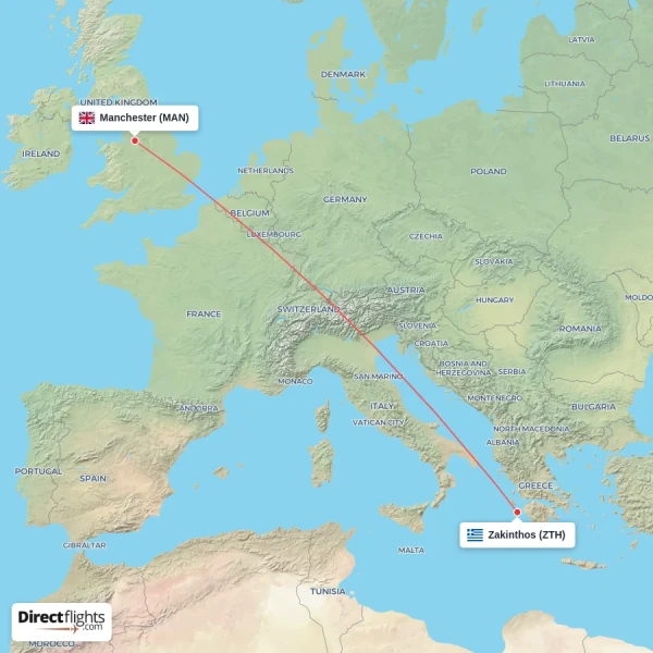 Manchester - Zakinthos direct flight map