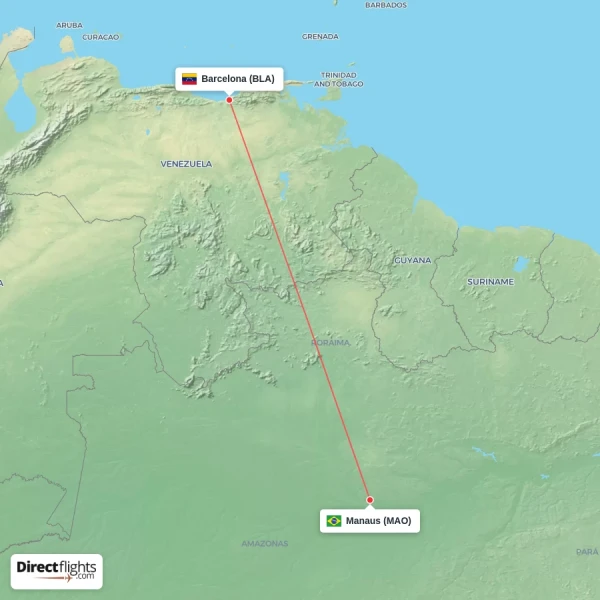 Manaus - Barcelona direct flight map