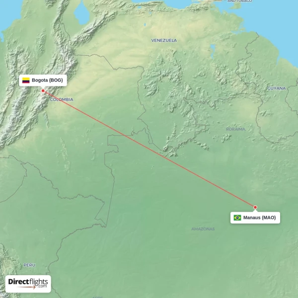 Manaus - Bogota direct flight map