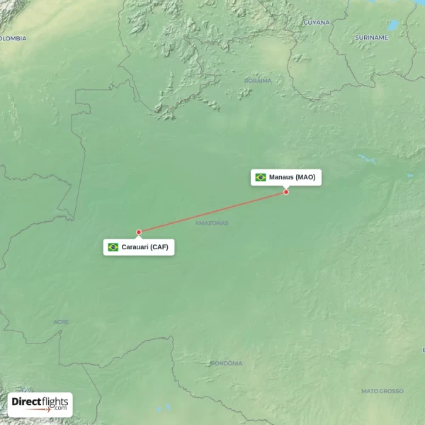 Manaus - Carauari direct flight map