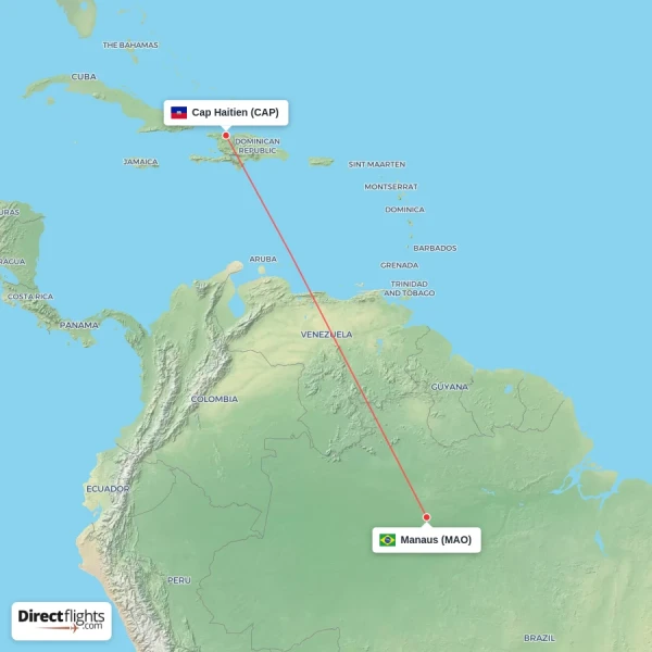Manaus - Cap Haitien direct flight map
