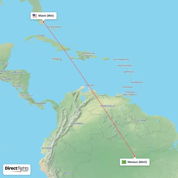 Manaus - Miami direct flight map