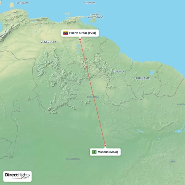 Manaus - Puerto Ordaz direct flight map