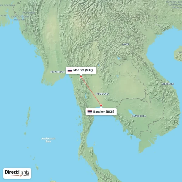 Mae Sot - Bangkok direct flight map