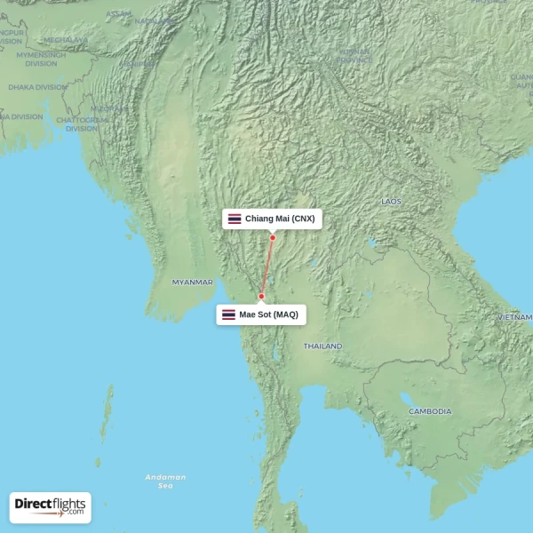 Mae Sot - Chiang Mai direct flight map