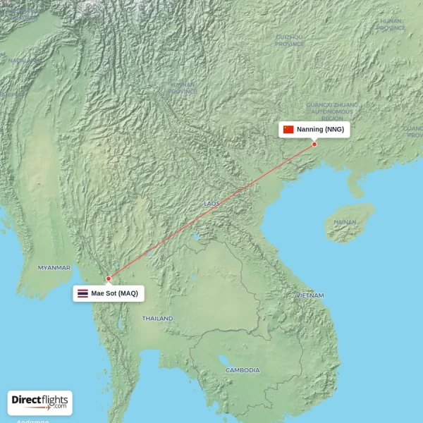 Mae Sot - Nanning direct flight map