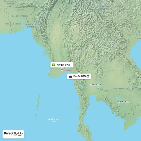 Mae Sot - Yangon direct flight map
