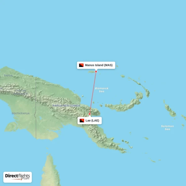 Manus Island - Lae direct flight map
