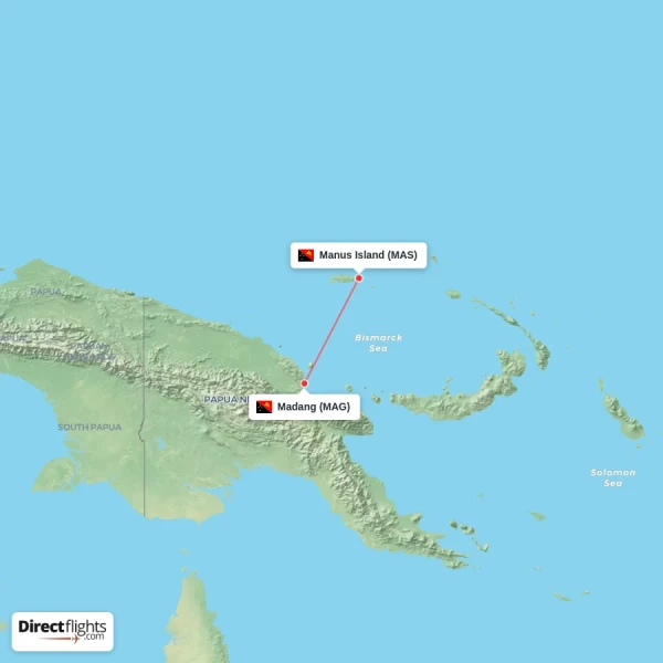 Manus Island - Madang direct flight map
