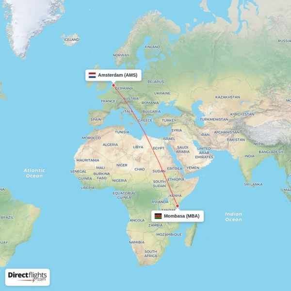 Mombasa - Amsterdam direct flight map