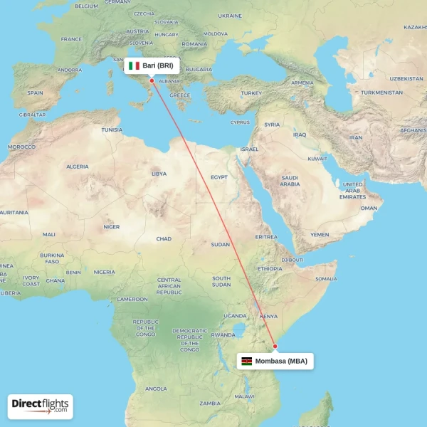 Mombasa - Bari direct flight map