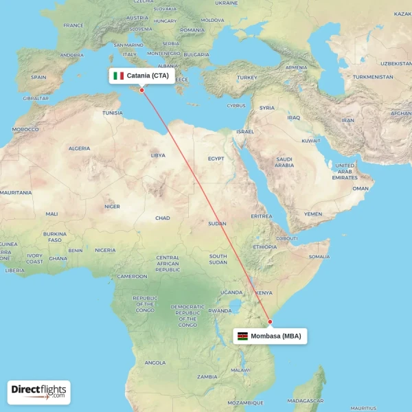Mombasa - Catania direct flight map