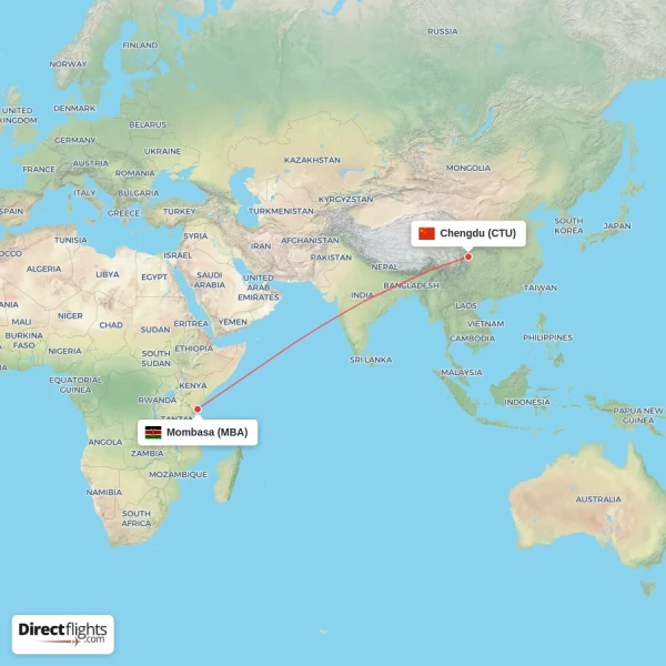 Mombasa - Chengdu direct flight map